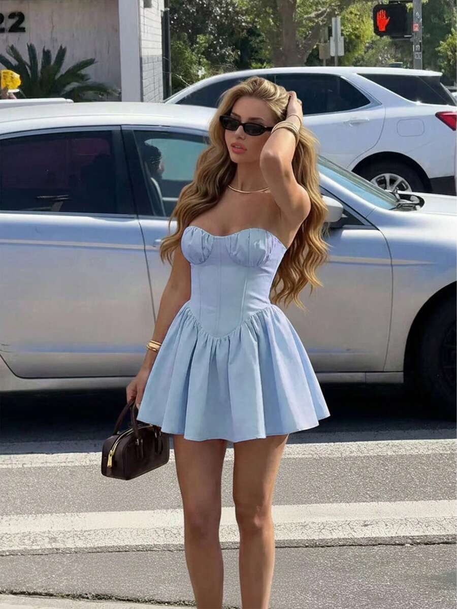 Women's Solid Color Woven A-Line Backless Tie Ruched Elegant Sexy Vacation Dress Summer - Blue - View 1