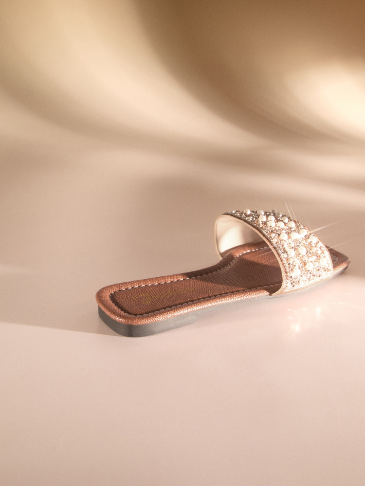 Etoivie 法式水钻方头平底凉鞋，女士款，春夏秋季户外穿着，2025新款精致淑女风，适合搭配连衣裙和婚纱。 - 金色 - 查看 2