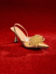 Etoivie Herbst/Winter 2025 Damen Metallic Perlen Dekor Spitze Zehenpumps mit Pyramidenabsatz, modische Outdoor-Pumps, elegant, für Partys, Hochzeiten - Gold - Übersicht 1
