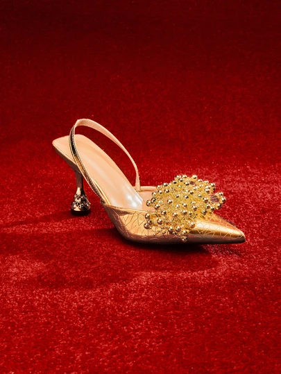 Etoivie 2025秋冬女士金属串珠装饰尖头金字塔跟露跟高跟鞋，时尚户外高跟鞋，优雅，适合派对和婚礼穿着