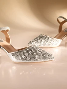 Etoivie Women's Solid Color Pointed Toe Sparkling Rhinestone Comfortable And Durable Flats, Versatile, Fashion, Elegant, Thick Heel, Closed Toe, Backstrap, Suitable For Banquet, Dance Party, Night Club, Wedding Bridal Wedding Wedding - Silver - View 2