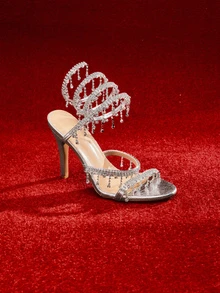 Etoivie Sandalias de tacón de aguja para mujer, estilo minimalista de moda con tira y envoltorio de serpiente con rhinestones, estilo básico para boda de verano y otoño - Plateado - Ver 5