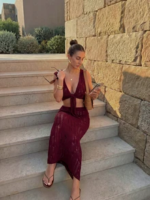 2026 Spring/Summer New Women's Burgundy Lace-Up V-Neck Top With Pencil Skirt Knit 2-Piece Set, Tight Sexy Hollow See-Through Outfit, Made Of Knit Fabric, Sexy Elegant Bohemian Style, Suitable For Music Festivals, Pool Parties, Beach Vacations, Dates, Summer Getaways - Burgundy - View 3