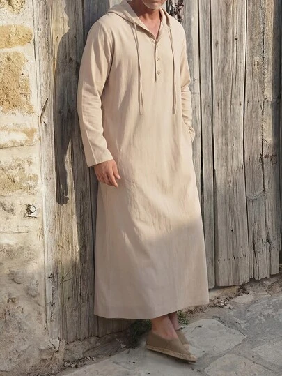 Men's Middle Eastern Style Hooded Long Sleeve Robe With Pockets, For Indoor And Outdoor Wear