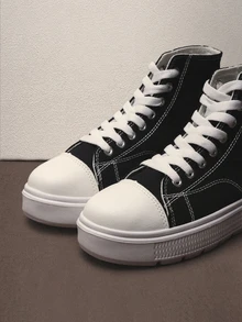 Hatastic 秋冬四季女式高帮帆布鞋，透气舒适轻便厚底系带百搭白色运动鞋 - 黑色 - 查看 3