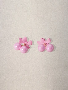 New Arrival Sweet Girl's Fresh Light Pink Bow Pearl Beaded Earrings, Cute Silver Needle Earrings For Women, Spring/Summer Music Fest - Pink - View 3