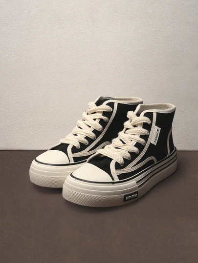 Hatastic 秋冬女式运动滑板鞋，双色字母贴片装饰系带运动鞋