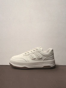 Hatastic Women's Hollow Design Breathable Thick Sole Cross-Tied Casual Sneakers, Campus/Sports Style - Beige - View 4