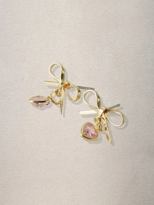 Hatastic 一对金色蝴蝶结心形吊坠耳环，简约粉色立方氧化锆心形水滴耳环，女士情人节蝴蝶心形耳环首饰，女士礼物，情人节礼物（送给妻子、女友、妈妈、母亲），母亲节礼物音乐节 - 彩色 - 查看 2