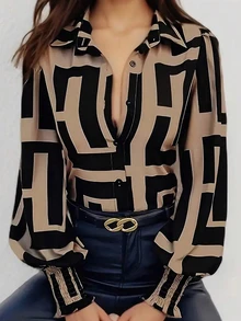 PETITE 女式时尚抽象印花长袖衬衫，常规版型，梭织面料，百搭日常设计 - 彩色 - 查看 1