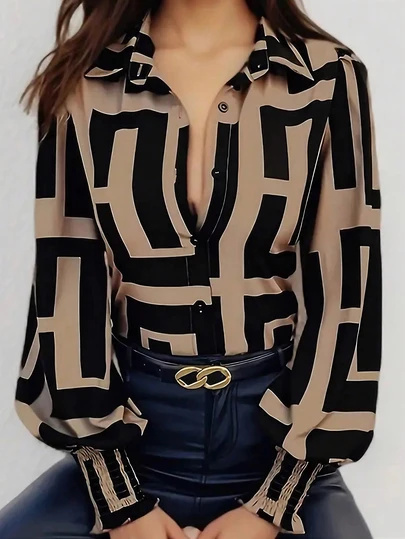 PETITE 女式时尚抽象印花长袖衬衫，常规版型，梭织面料，百搭日常设计