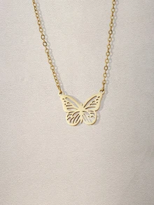 Hatastic 1件装3D蝴蝶骨架吊坠项链，简约时尚金色不锈钢链，精致蝴蝶项链，不锈钢饰品，女士派对及日常配饰，母亲节礼物，音乐节 - 金色 - 查看 2
