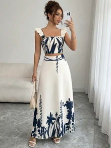 女士优雅两件套：印花吊带背心和半身裙，收腰显瘦，适合度假穿着，法式短袖吊带背心搭配飘逸半身裙 - 彩色 - 查看 4