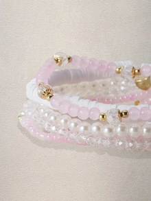 Hatastic 6pcs/Set Fashionable Heart & Bow Beaded Bracelet Set For Women - Pink - View 4