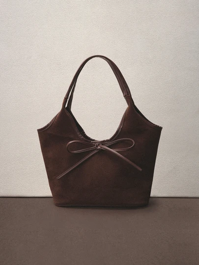 Hatastic 女士休闲托特包，复古绒面革面料，大容量，蝴蝶结装饰，字母印花，色块，单肩手提包，适合日常使用和通勤，优雅百搭，复古风格女士复古包，女士托特包