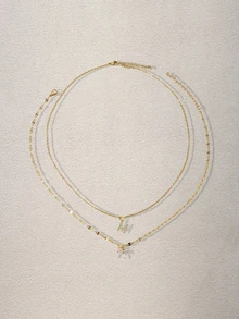 Hatastic 2Pcs/Set Simple Fashion Crystal Bowknot Initial Pendant Gold Color Stainless Steel Lip Chain Necklaces For Women Music Fest - Style 6 - View 1