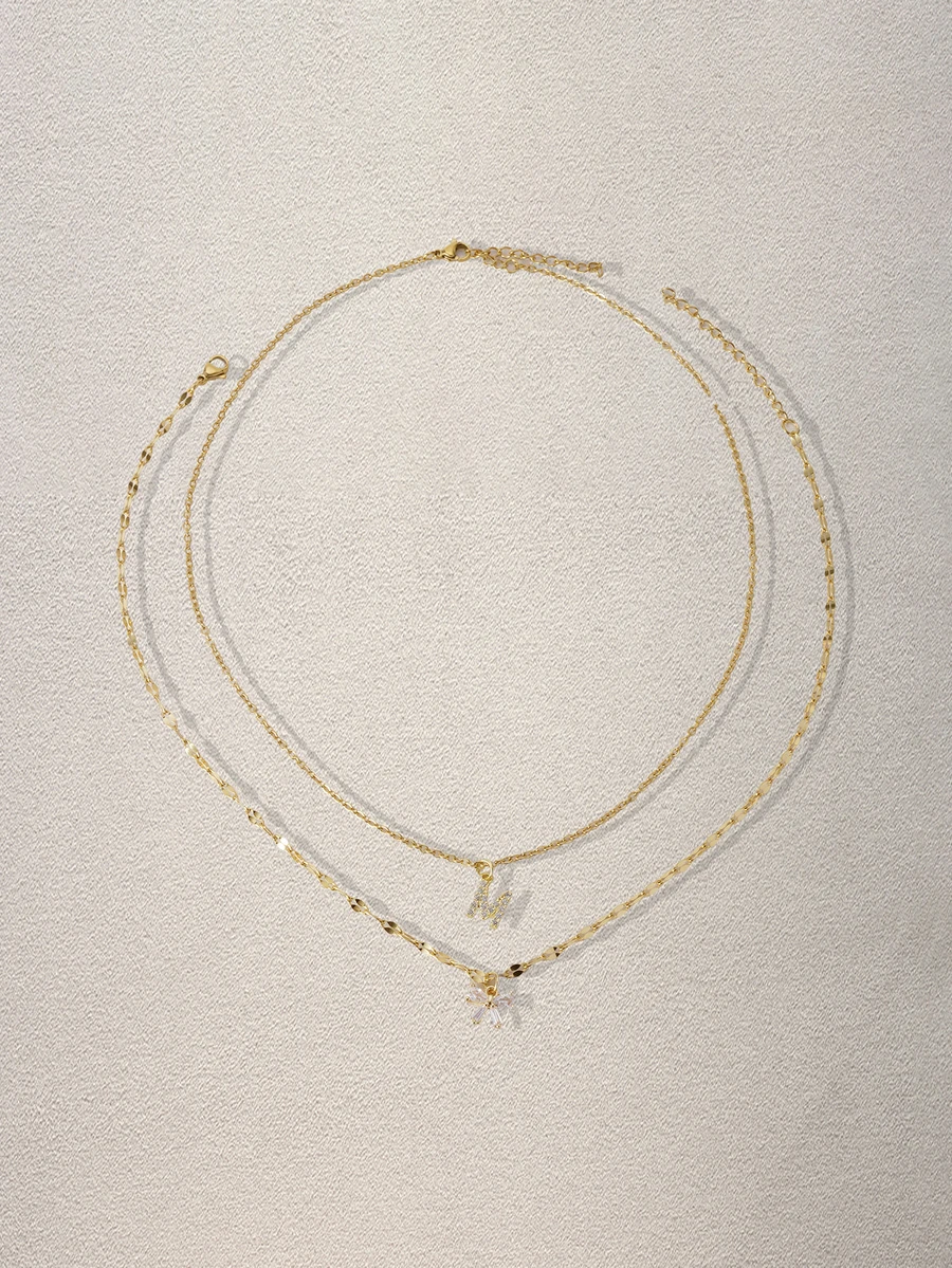 Hatastic 2Pcs/Set Simple Fashion Crystal Bowknot Initial Pendant Gold Color Stainless Steel Lip Chain Necklaces For Women Music Fest - Style 6 - View 1