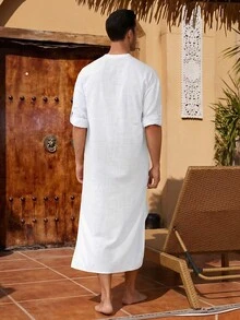 Áo choàng dài tay cổ tàu kiểu Trung Đông dành cho nam, có túi, thích hợp mặc trong nhà và ngoài trời. - trắng - Xem 2