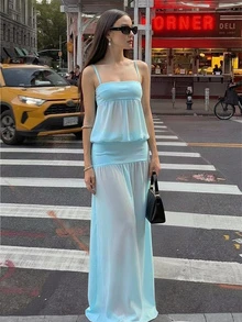 女士针织拼接雪纺褶皱下摆性感优雅时尚度假连衣裙 - 淺藍色 - 查看 1