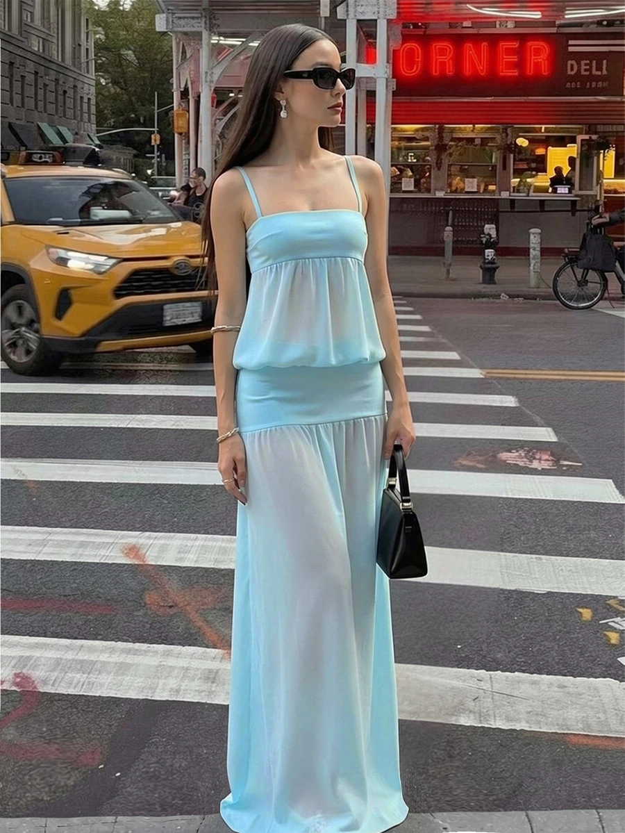 女士针织拼接雪纺褶皱下摆性感优雅时尚度假连衣裙 - 淺藍色 - 查看 1