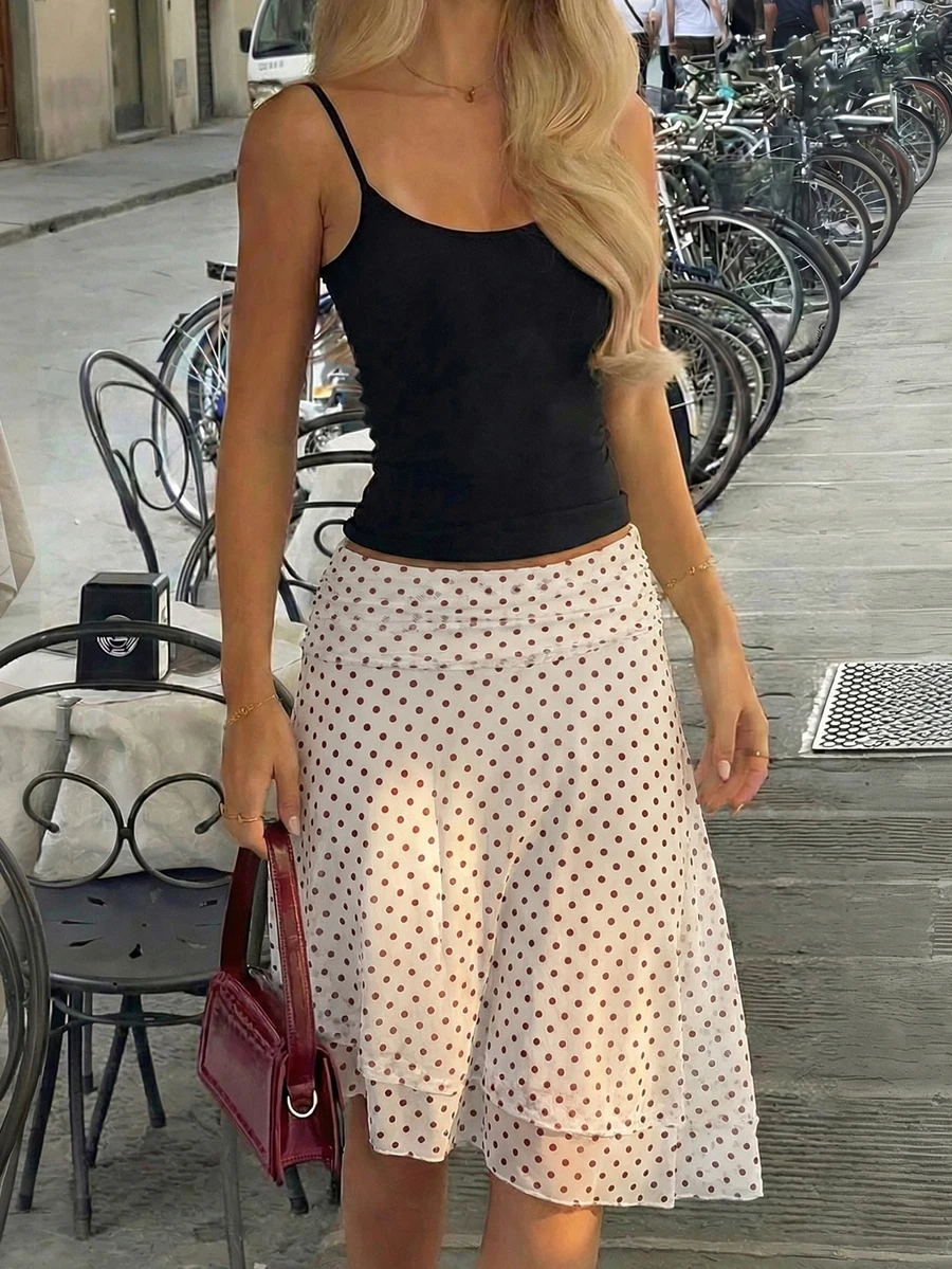 Women's Polka Dot Pattern Double-Layer Mesh Bodycon Straight Skirt, Fitted Beach Vacation Dress, Spring/Summer - Burgundy - View 1