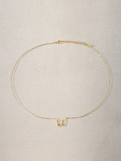 Hatastic 1件装3D蝴蝶骨架吊坠项链，简约时尚金色不锈钢链，精致蝴蝶项链，不锈钢饰品，女士派对及日常配饰，母亲节礼物，音乐节