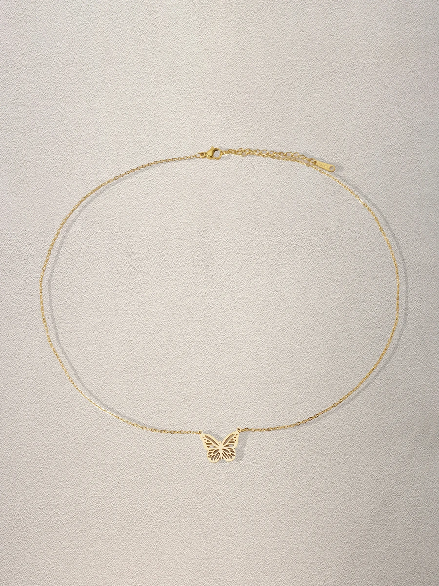 Hatastic 1件装3D蝴蝶骨架吊坠项链，简约时尚金色不锈钢链，精致蝴蝶项链，不锈钢饰品，女士派对及日常配饰，母亲节礼物，音乐节 - 金色 - 查看 1