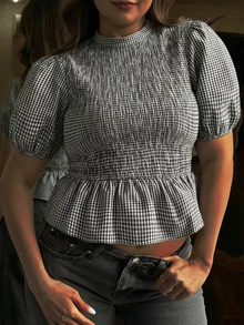 Áo sơ mi nữ cổ đứng tay ngắn kẻ caro - Nhiều màu - Xem 2