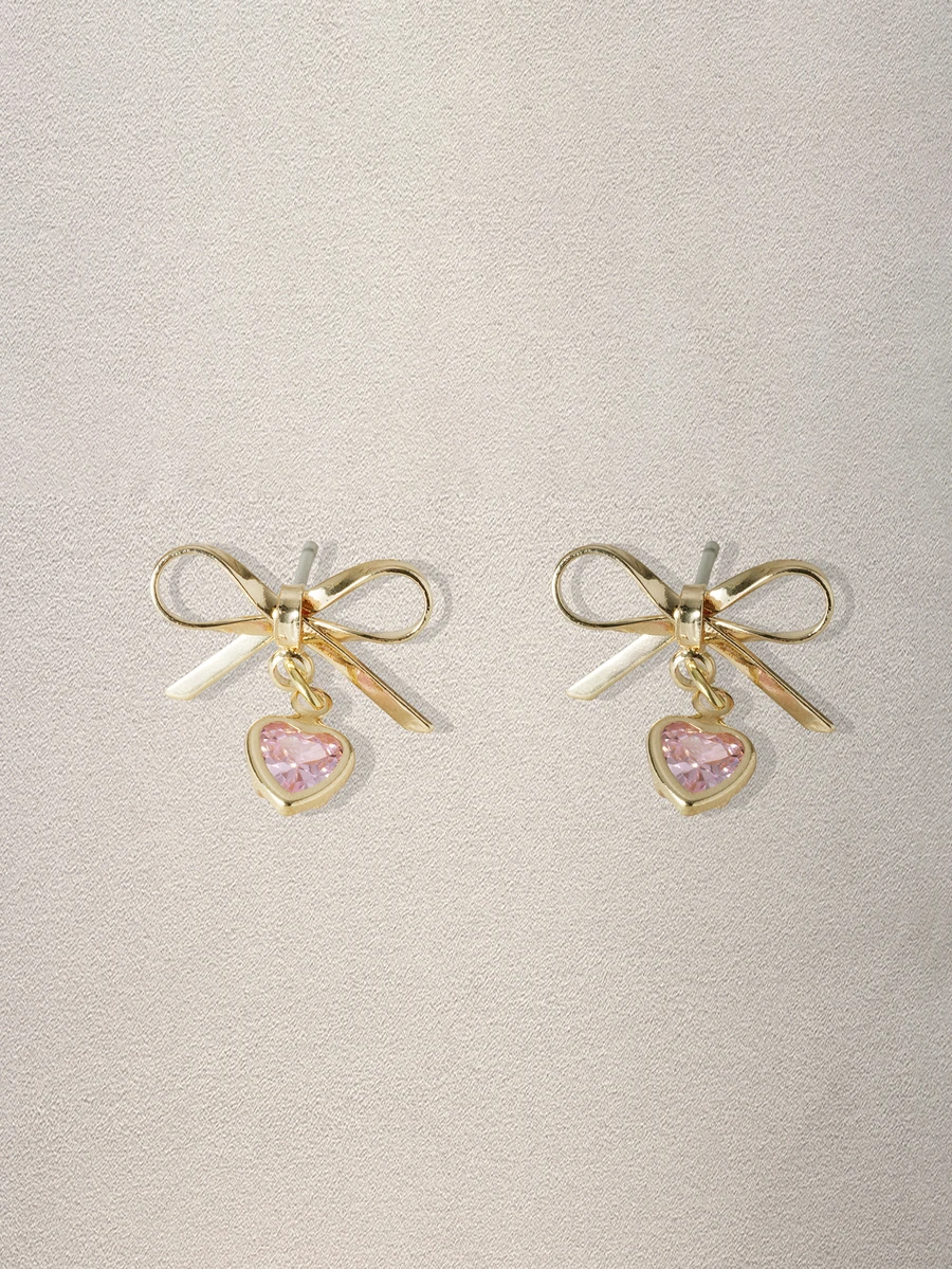 Hatastic 一对金色蝴蝶结心形吊坠耳环，简约粉色立方氧化锆心形水滴耳环，女士情人节蝴蝶心形耳环首饰，女士礼物，情人节礼物（送给妻子、女友、妈妈、母亲），母亲节礼物音乐节 - 彩色 - 查看 1