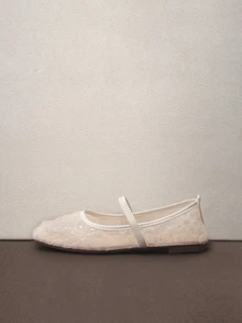Hatastic 2025秋季新款加大码女式方头蕾丝拼接玫瑰装饰户外休闲派对透气镂空平底乐福鞋，百搭芭蕾平底鞋，玛丽珍音乐节鞋款 - 米色 - 查看 5
