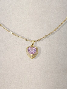 Hatastic 1 件优雅心形铜吊坠项链，心形项链，方晶锆石，不锈钢链，适合女孩和女士的夏季珠宝礼物 - 彩色 - 查看 9