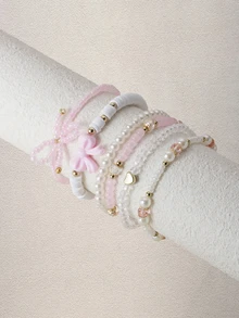 Hatastic 6pcs/Set Fashionable Heart & Bow Beaded Bracelet Set For Women - Pink - View 1