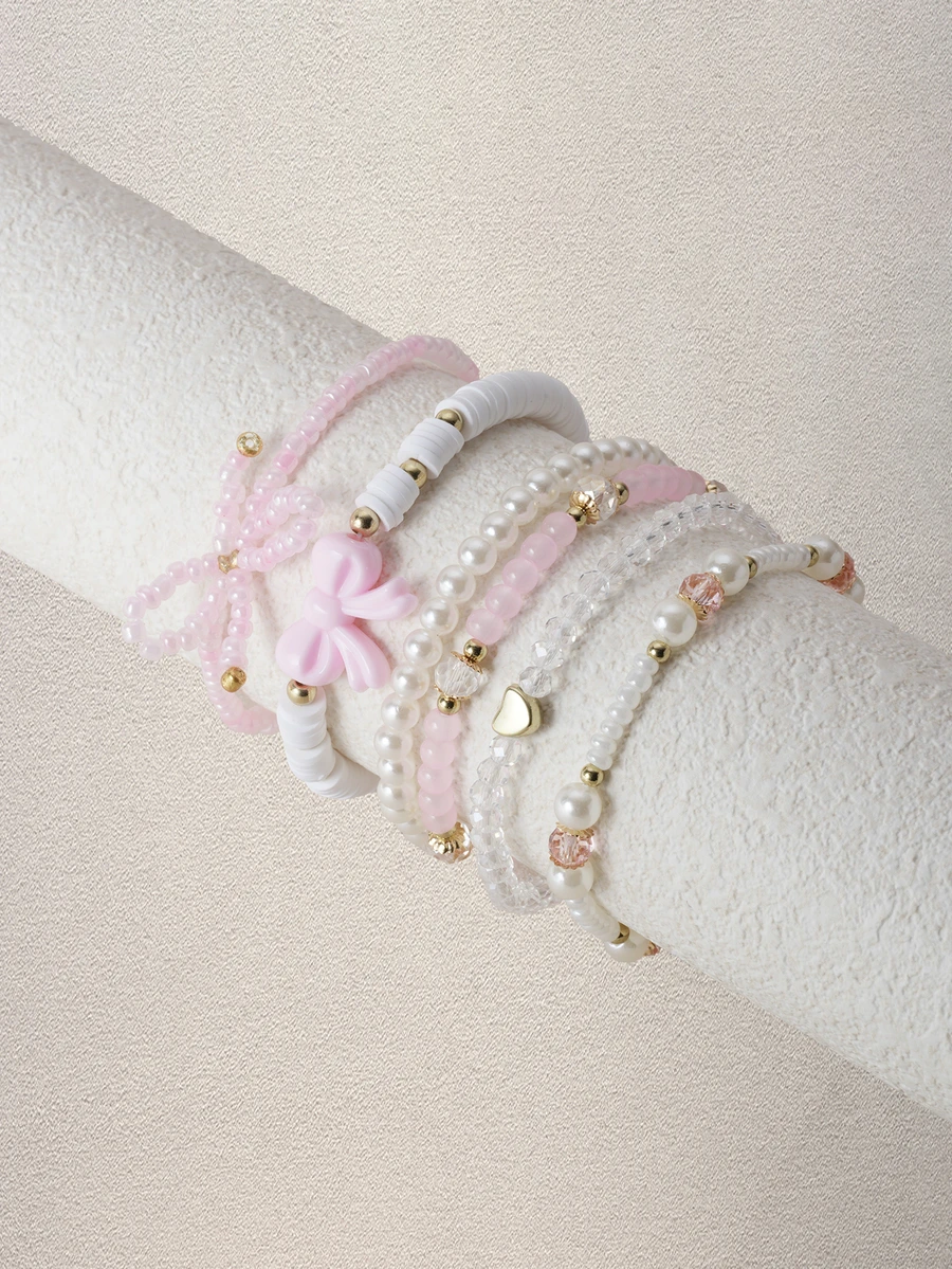 Hatastic 6pcs/Set Fashionable Heart & Bow Beaded Bracelet Set For Women - Pink - View 1