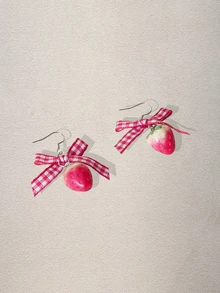 Hatastic 1对可爱草莓蛋糕造型耳环，甜美蝴蝶结装饰，新款上市，适合女性/女孩，情人节、妈妈、母亲节礼物，音乐节佳品 - 紅色 - 查看 1