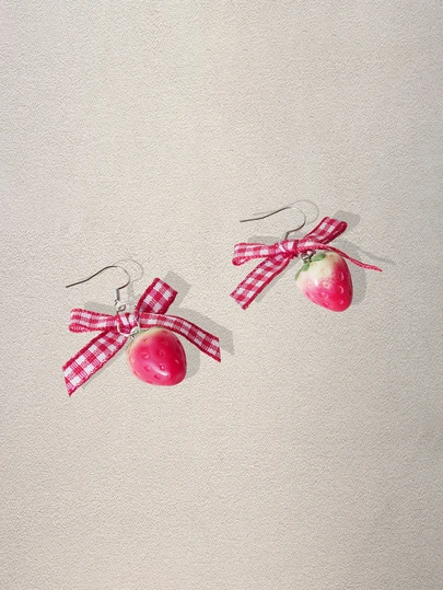 Hatastic 1pair Cute Strawberry Cake Design Earrings Sweet Bowknot Decor New Arrival For Women/Girls Valentines,Mom,Mother,Mother's Day,Gift