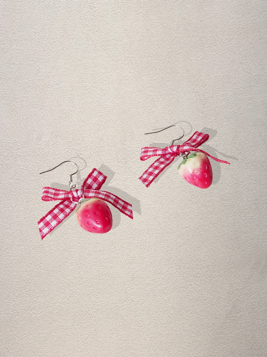 Hatastic 1对可爱草莓蛋糕造型耳环，甜美蝴蝶结装饰，新款上市，适合女性/女孩，情人节、妈妈、母亲节礼物，音乐节佳品 - 紅色 - 查看 1