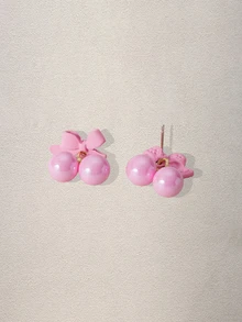 New Arrival Sweet Girl's Fresh Light Pink Bow Pearl Beaded Earrings, Cute Silver Needle Earrings For Women, Spring/Summer Music Fest - Pink - View 5