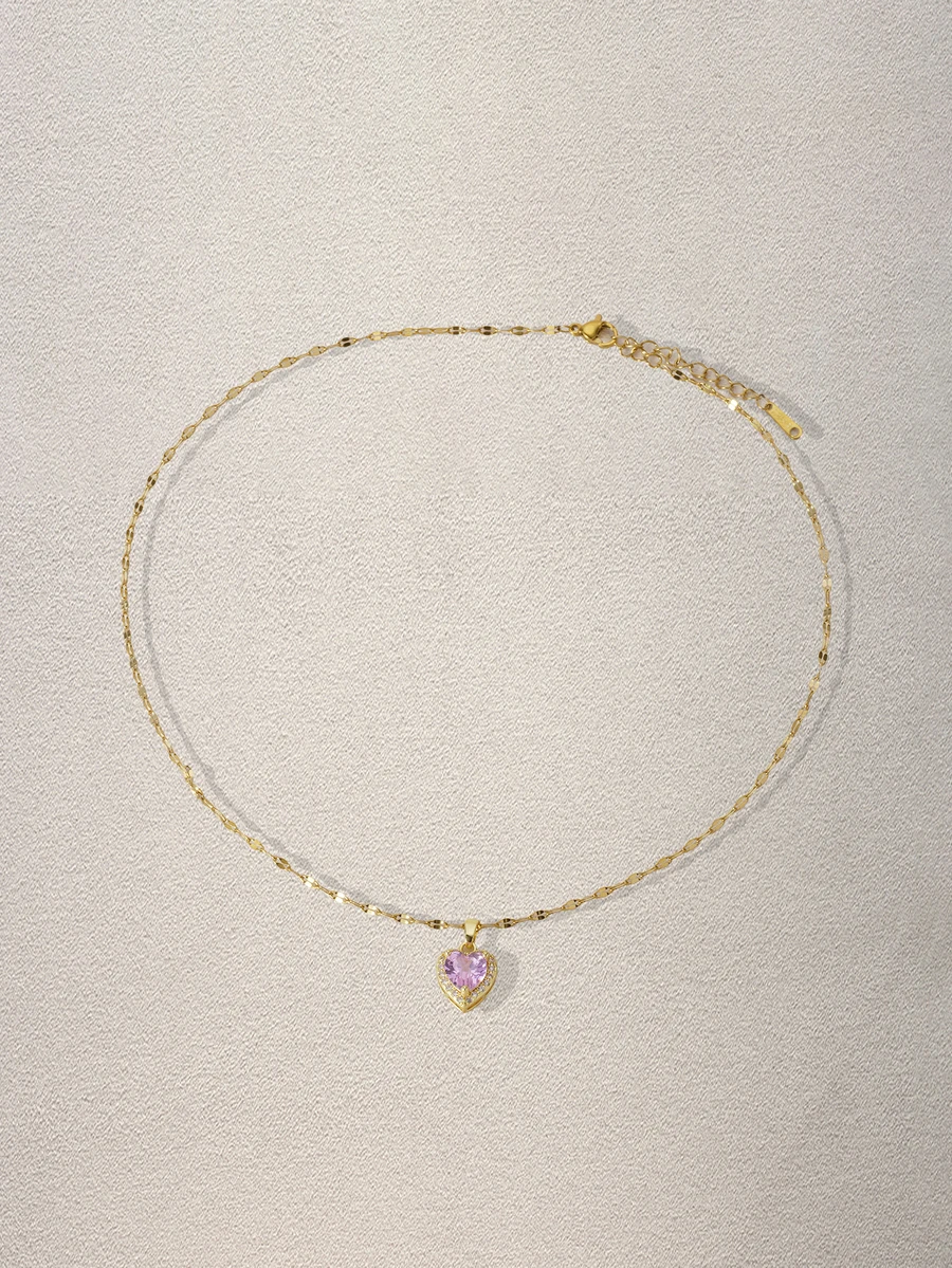 Hatastic 1 件优雅心形铜吊坠项链，心形项链，方晶锆石，不锈钢链，适合女孩和女士的夏季珠宝礼物 - 彩色 - 查看 1