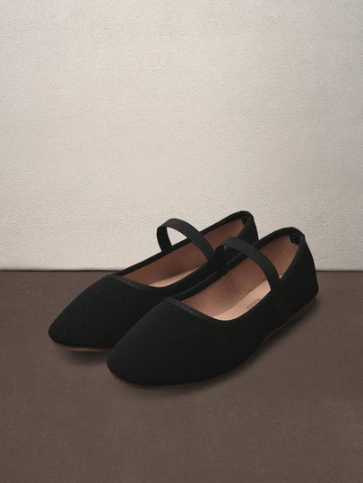 Hatastic 2025年秋季女士平底方头松紧带黑色鞋，四季款，芭蕾平底鞋，玛丽珍鞋