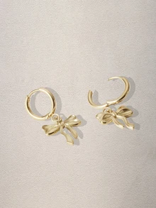Hatastic 1 Pair Stainless Steel Waterproof Non-Fading Cute Bow Hoop Earrings, Suitable For Women Daily Wear Music Fest - Gold - View 2