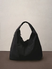 Hatastic Solid Color Nylon Lightweight Large Capacity Shoulder Bag. Two Side Pockets For Storage. Minimalist Style, Suitable For Daily Use In Summer, Can Be Used As A Commuter Bag Or Casual Travel Bag. Street-Style Japanese Fashion Handbag For Women. Music Fest Back To School - Black - View 4