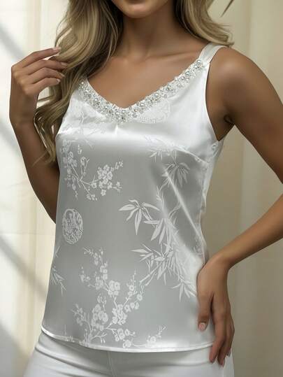 优雅女士V领休闲串珠亮片装饰无袖上衣，百搭款式，适合海滩、约会、日常穿着、度假、办公等多种场合，春夏皆宜。