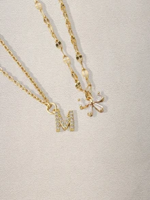 Hatastic 2Pcs/Set Simple Fashion Crystal Bowknot Initial Pendant Gold Color Stainless Steel Lip Chain Necklaces For Women Music Fest - Style 6 - View 3
