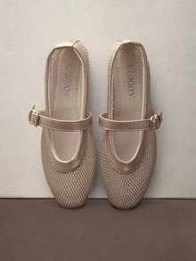 Hatastic 2025秋冬新款女式平底玛丽珍鞋，带绑带，网纱仙女风乐福鞋，圆头百搭透气平底鞋，芭蕾舞音乐节 - 杏色 - 查看 2