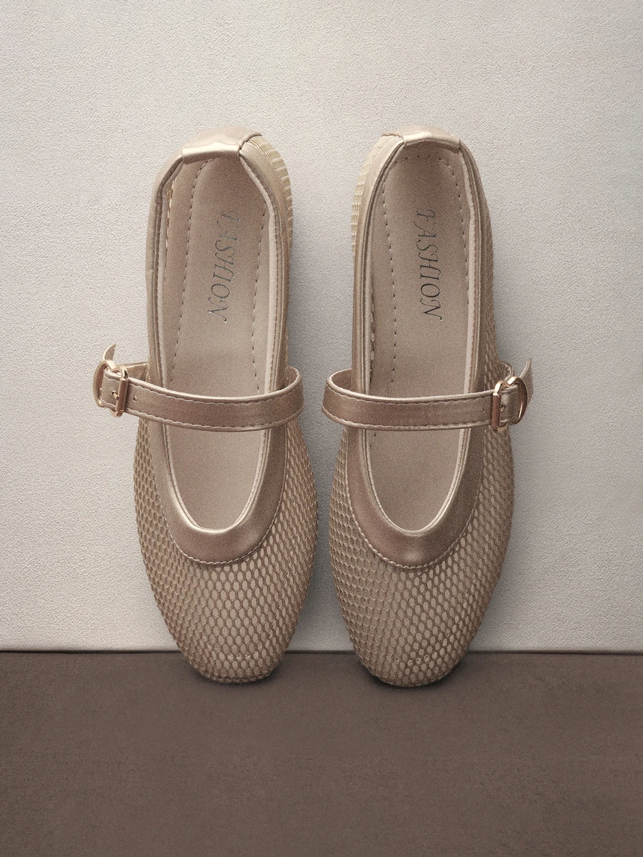 Hatastic Fall/Winter Women's 2025 New Flat Mary Jane Shoes With Strap, Net Mesh Fairy Style Loafers, Round Toe Versatile Breathable Flats,Ballet Music Fest Back To School - Apricot - View 1