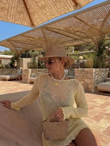 黄色镂空圆领长袖短款针织罩衫连衣裙，女士春夏新款时尚优雅休闲宽松舒适沙滩度假针织连衣裙，泳装派对，海滩，度假，纯色简约短裙 - 黃色 - 查看 3