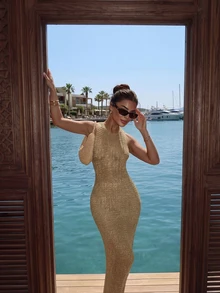 Đầm maxi không tay dây buộc màu vàng thanh lịch dành cho nữ, thích hợp cho các hoạt động thường ngày, hẹn hò dịp lễ, phong cách đường phố, lễ hội âm nhạc và tiệc bãi biển trong kỳ nghỉ hè. - Màu Khaki - Xem 4