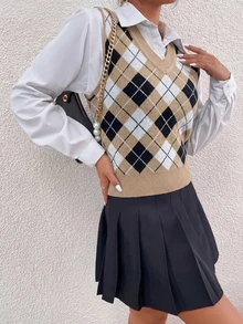 女士菱形图案无袖针织背心，适合春、夏、秋季日常穿着。 - 芥末黃 - 查看 2