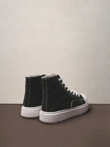 Hatastic 秋冬四季女式高帮帆布鞋，透气舒适轻便厚底系带百搭白色运动鞋 - 黑色 - 查看 5