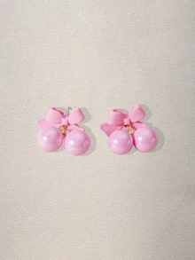 New Arrival Sweet Girl's Fresh Light Pink Bow Pearl Beaded Earrings, Cute Silver Needle Earrings For Women, Spring/Summer Music Fest - Pink - View 1